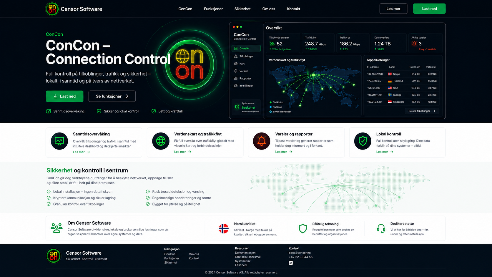 Censor Software hjemmeside med ConCon Connection Control, dashboard, funksjoner og sikkerhetsseksjon